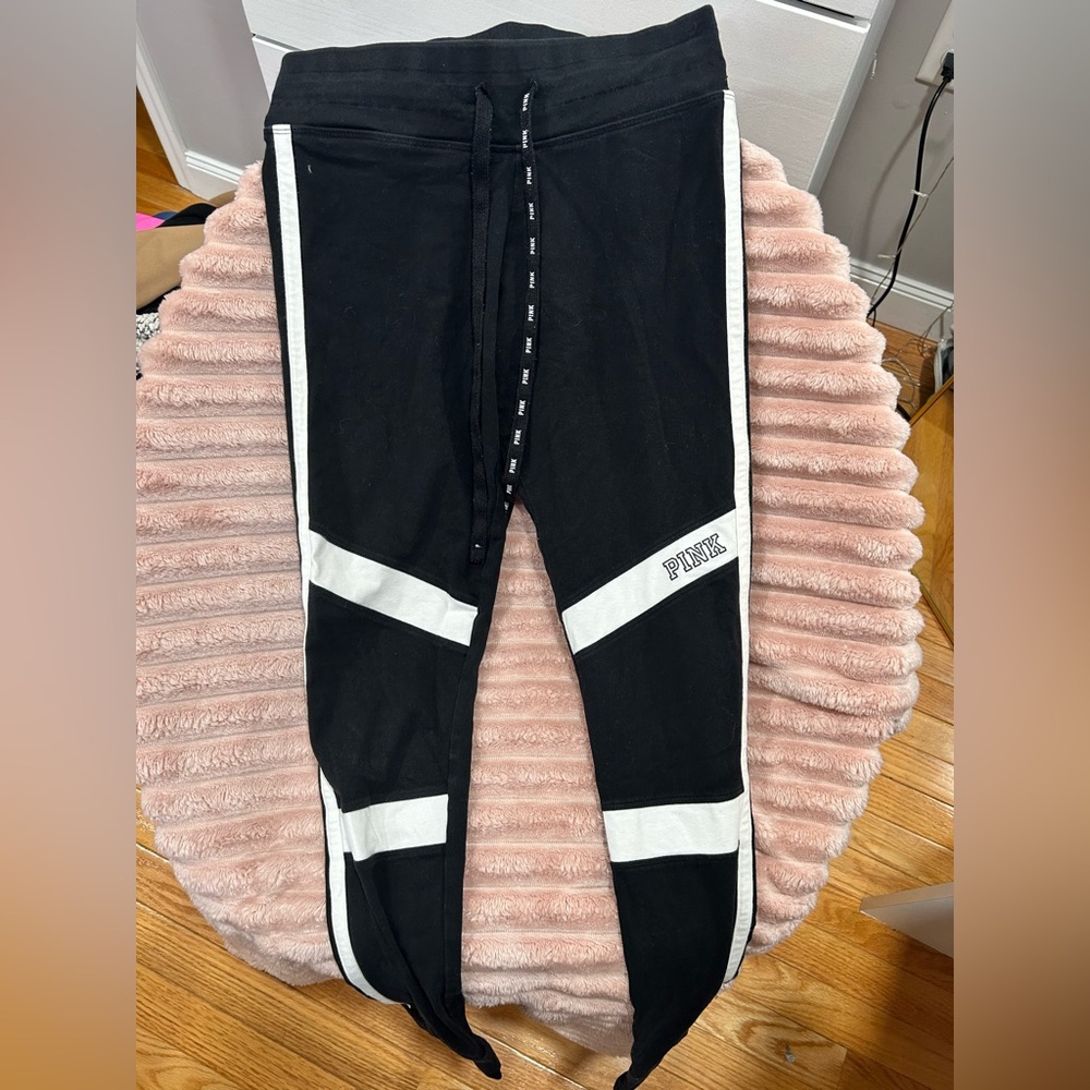 PINK Victoria's Secret Black and White Sweatpant Leggings with Sporty Stripes